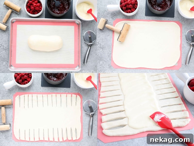 Rolling and cutting the dough for a Raspberry Breakfast Braid.