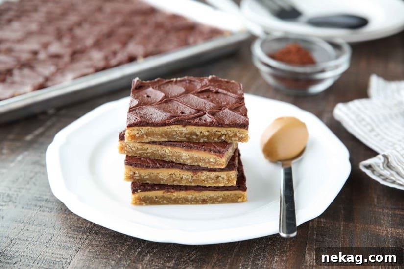 Chewy No-Bake Peanut Butter Bars Recipe 6 These Peanut Butter Bars with oatmeal are a soft and chewy baked cookie dessert topped with an extra layer of peanut butter, and a decadent chocolate frosting. Perfect for parties and potlucks! (Serves a crowd.)