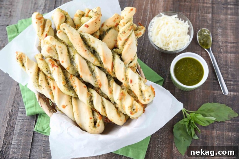 Crispy Pesto Breadsticks Recipe for Garlic-Parmesan Dipping 4 These easy Pesto Breadsticks are soft and flavorful with savory basil pesto and cheesy mozzarella twisted inside. A great appetizer or side for soup, salad, or pasta.