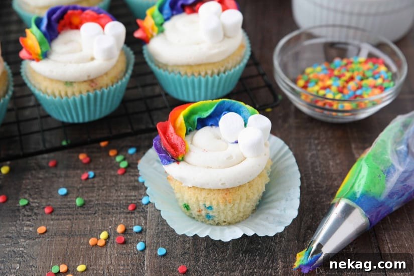 These Funfetti Rainbow Cupcakes are colorful inside and out! Homemade funfetti cupcakes are moist and full of sprinkles. Then topped with a colorful buttercream rainbow and mini marshmallow clouds. Super fun for birthday cupcakes or perfectly festive for St. Patrick's Day!