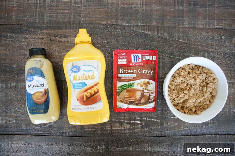 Mustard, brown gravy, and brown sugar makes an easy glaze for ham!