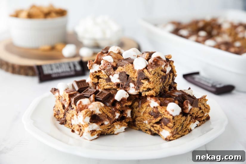 S'mores Krispie Treats Recipe with How-To Video 4 S'mores Krispie Treats have all the flavors of traditional s'mores made into an easy no-bake summer dessert. Loaded with Golden Grahams cereal, plenty of marshmallows and chocolate, these indoor s'mores bars are a crowd favorite.