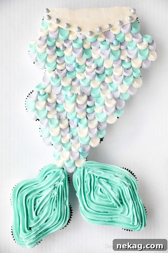 Mermaid Tail Cupcake Cake - full decorating tutorial with template and other mermaid birthday party ideas.