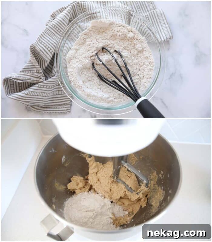 Chewy Cinnamon Bars with Brown Sugar Glaze 7 Flour mixture whisked in a bowl, then being added to a mixer.