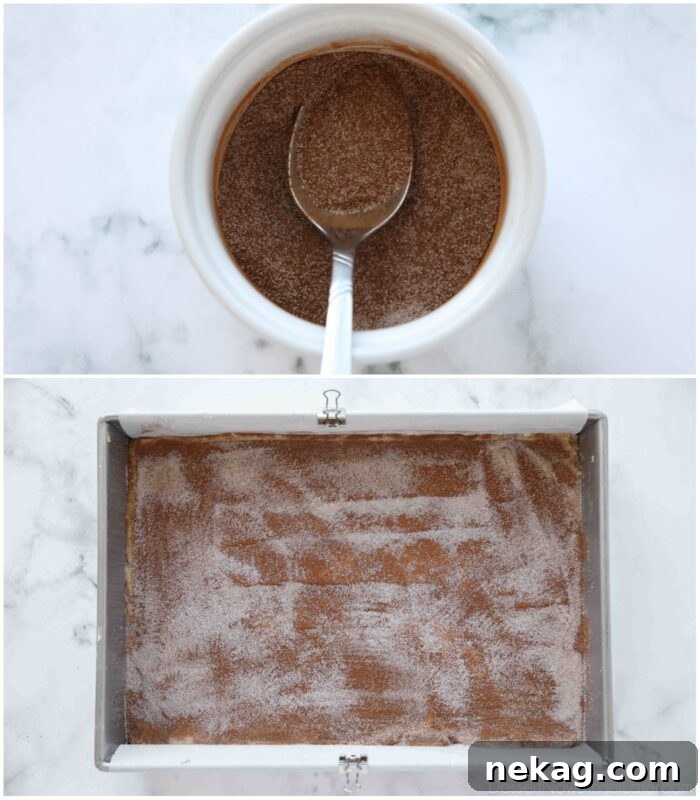 Chewy Cinnamon Bars with Brown Sugar Glaze 9 Cinnamon sugar in a bowl, then sprinkled on top of cookie bars.
