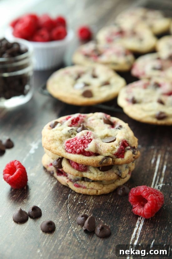 Raspberry Chocolate Chip Cookies Recipe with Video Tutorial 3 Raspberry Chocolate Chip Cookies takes your favorite chewy chocolate chip cookies to the next level with the addition of sweet and tangy fresh raspberries.