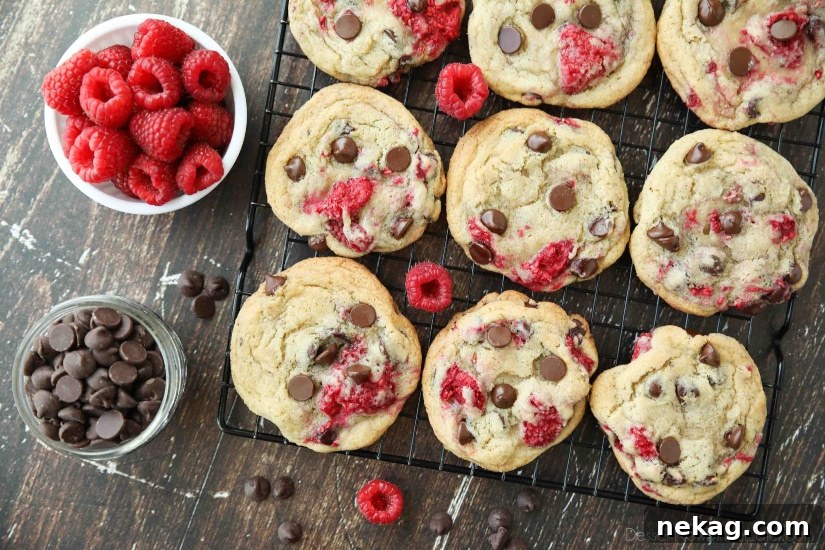 Raspberry Chocolate Chip Cookies Recipe with Video Tutorial 6 Raspberry Chocolate Chip Cookies takes your favorite chewy chocolate chip cookies to the next level with the addition of sweet and tangy fresh raspberries.