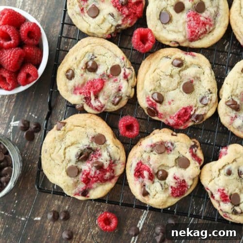 Raspberry Chocolate Chip Cookies Recipe with Video Tutorial 7 Raspberry Chocolate Chip Cookies takes your favorite chewy chocolate chip cookies to the next level with the addition of sweet and tangy fresh raspberries.