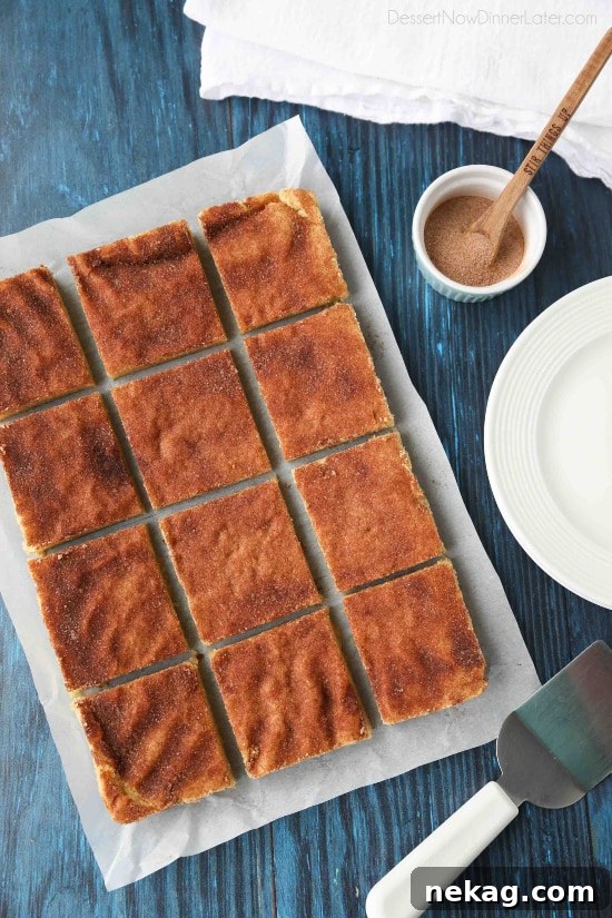 Snickerdoodle Bars transform classic snickerdoodle cookies into easy-to-make blondies. Thick, soft, buttery cookie bars are topped with plenty of cinnamon-sugar. These flavorful, melt-in-your-mouth dessert bars make enough to serve a crowd. Perfect for potlucks, picnics, and parties.