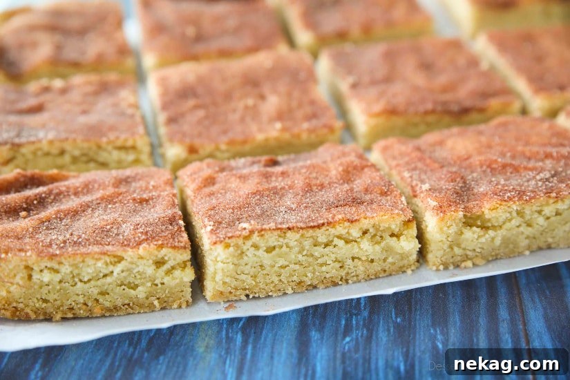 Snickerdoodle Bars transform classic snickerdoodle cookies into easy-to-make blondies. Thick, soft, buttery cookie bars are topped with plenty of cinnamon-sugar. These flavorful, melt-in-your-mouth dessert bars make enough to serve a crowd. Perfect for potlucks, picnics, and parties.
