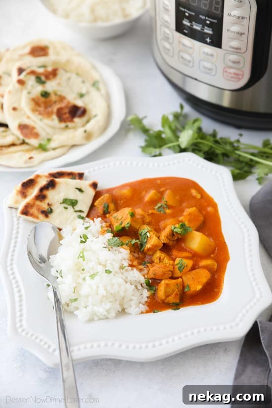 Instant Pot Indian Butter Chicken with Potatoes Recipe 6 Instant Pot Indian Butter Chicken is quick, easy, creamy and flavorful. Chunks of chicken and potatoes are smothered in a mild tomato and coconut milk sauce that's filled with fragrant Indian spices. Serve it with some garlic naan for a restaurant quality dinner at home.
