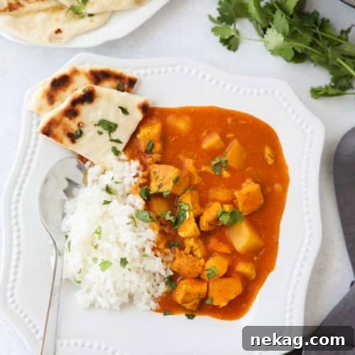 Instant Pot Indian Butter Chicken with Potatoes Recipe 7 Instant Pot Indian Butter Chicken is quick, easy, creamy and flavorful. Chunks of chicken and potatoes are smothered in a mild tomato and coconut milk sauce that's filled with fragrant Indian spices. Serve it with some garlic naan for a restaurant quality dinner at home.