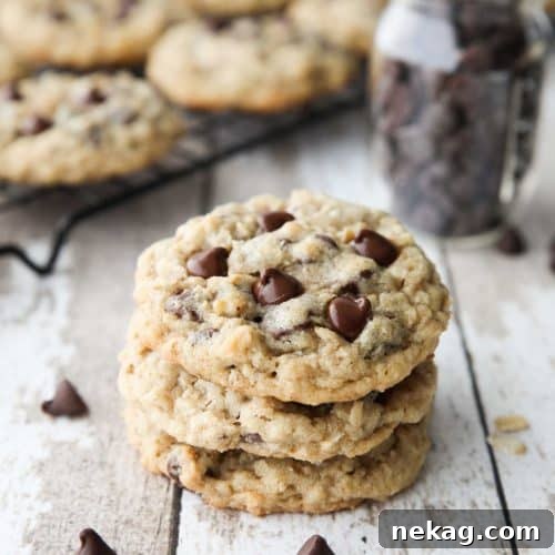 These Oatmeal Chocolate Chip Cookies are thick, soft, and chewy, with plenty of hearty old fashioned oats and creamy chocolate chips. An easy classic recipe.