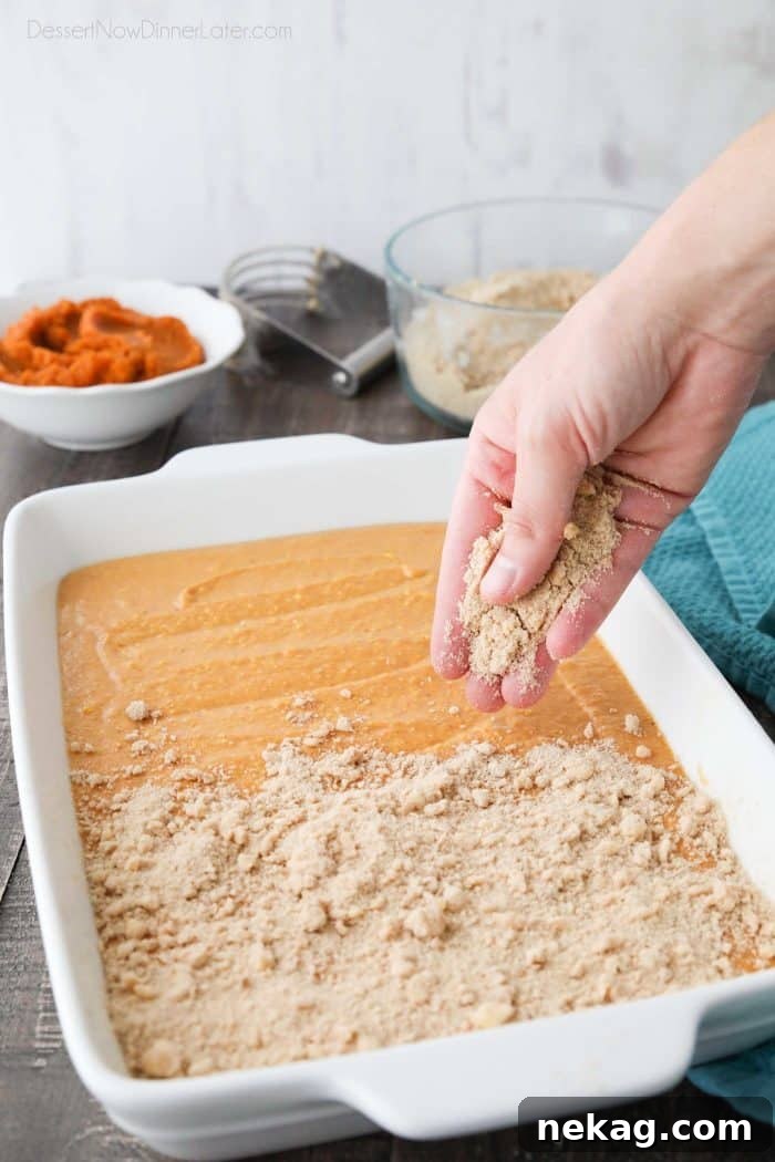 Pumpkin Spice Coffee Cake Recipe: Moist Autumn Coffee Cake 6 Sprinkling crumb streusel on top of pumpkin cake batter.