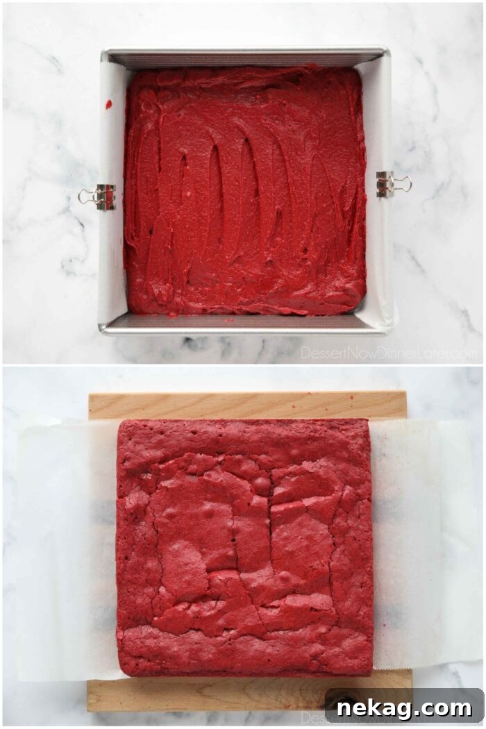 Decadent Red Velvet Brownie Recipe with Cream Cheese Swirl 7 Before and after baking red velvet brownies.