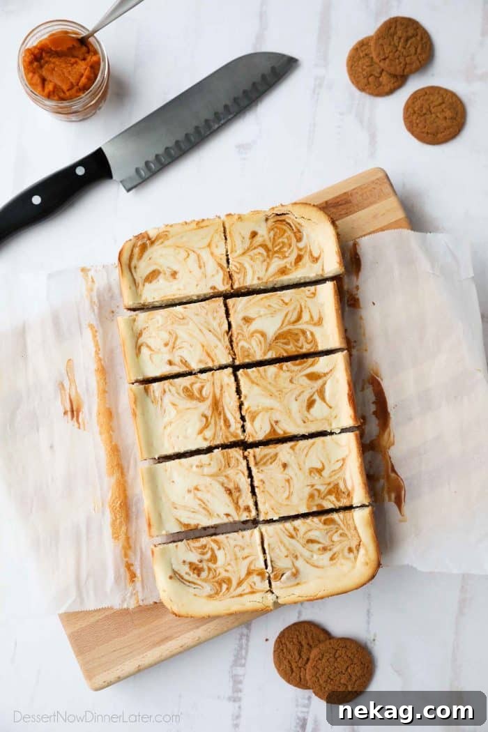 Pumpkin Swirl Cheesecake Bars Recipe — Creamy Fall Dessert 3 Pumpkin Swirl Cheesecake Bars have a buttery gingersnap crust, with ribbons of creamy vanilla and spiced pumpkin cheesecake marbled on top. A delicious dessert for fall or Thanksgiving.