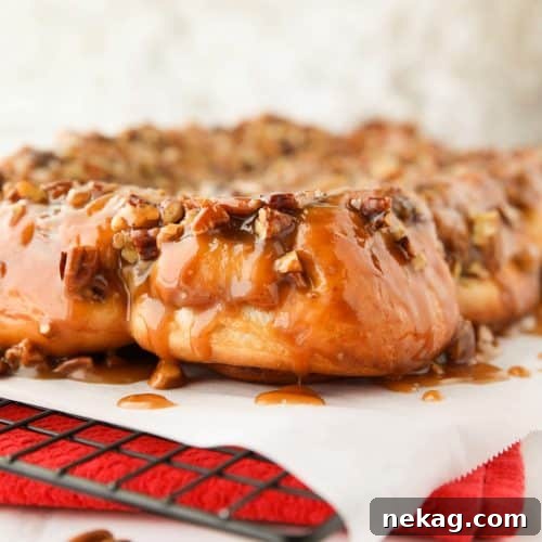 Caramel Pecan Rolls Recipe with Video Tutorial 10 These easy caramel pecan rolls are so sticky, gooey, and delicious. They're made with frozen cinnamon rolls so half the work is done for you! Perfect for holidays or weekends.