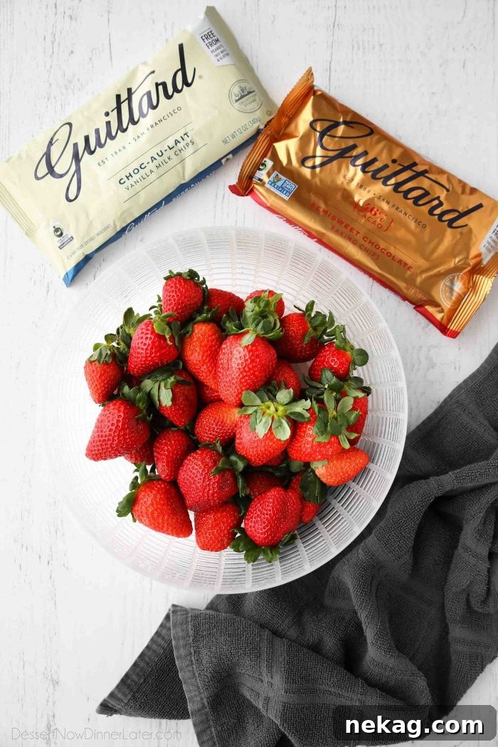 High quality chocolate chips and fresh strawberries are the only ingredients you need for easy chocolate covered strawberries.