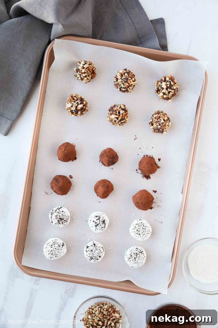 Decadent Chocolate Truffle Recipe: Homemade Rich Truffles in Minutes 8 Chocolate Truffles rolled in toasted nuts, cocoa powder, and nonpareil sprinkles.