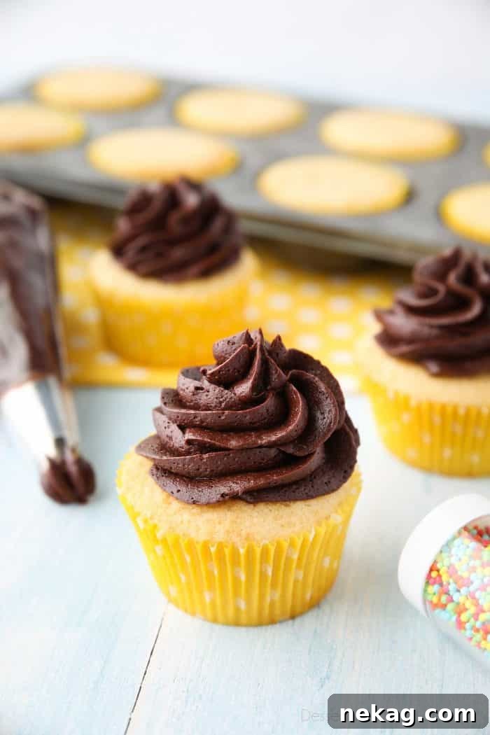This Yellow Cupcakes Recipe is an old-fashioned, from-scratch butter cake. A classic homemade cupcake for birthday parties, topped with chocolate buttercream (or your other favorite frosting.)