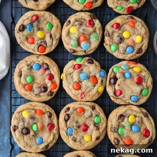 These M&M cookies are loaded with chocolate chips and candies for a decadent cookie rich with chocolate.