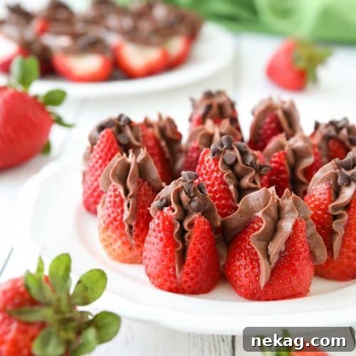 Plate of strawberries filled with no bake chocolate cheesecake filling and topped with mini chocolate chips.