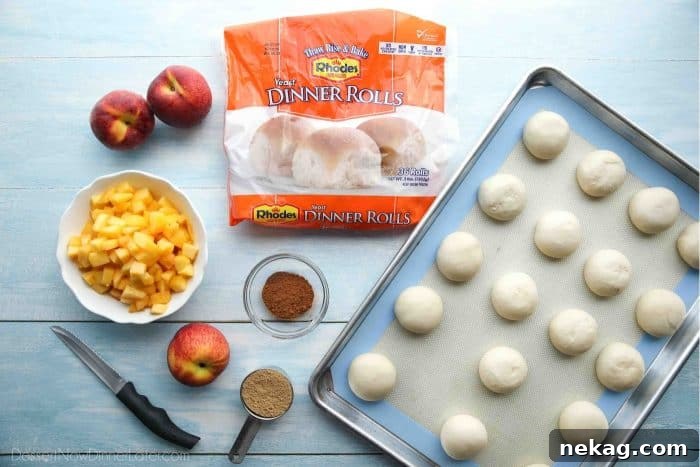 Ingredients for Peach Fritters Donut Recipe: Rhodes Rolls, Peaches, Cinnamon, Nutmeg, Brown Sugar.