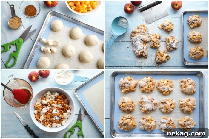 4 step-by-step photos for peach fritters: Cut rolls into 6 pieces, mix dough with spiced cut peaches, dough pressed onto floured surface and cut into sections, shaped donuts are put on pan to rise.