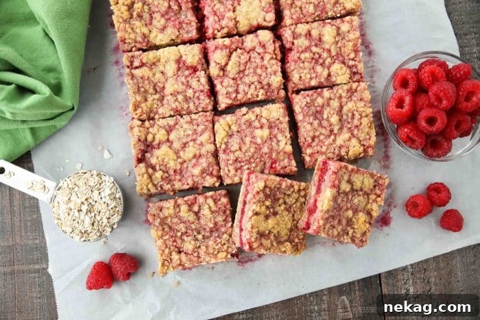 Raspberry Crumble Bars Recipe — Simple Homemade Dessert 5 Raspberry Crumble Bars on parchment paper with fresh raspberries and oats.