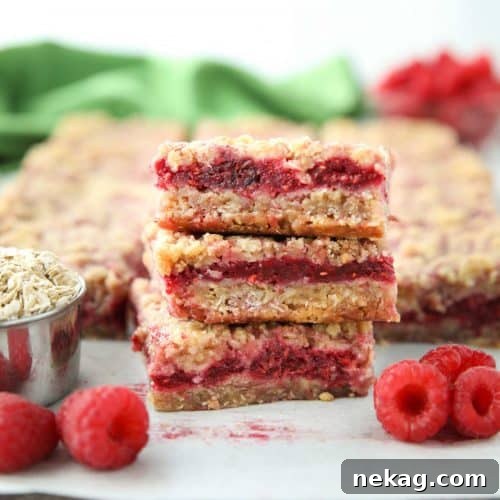 Raspberry Crumble Bars Recipe — Simple Homemade Dessert 6 Three Raspberry Crumble Bars stacked on top of each other.