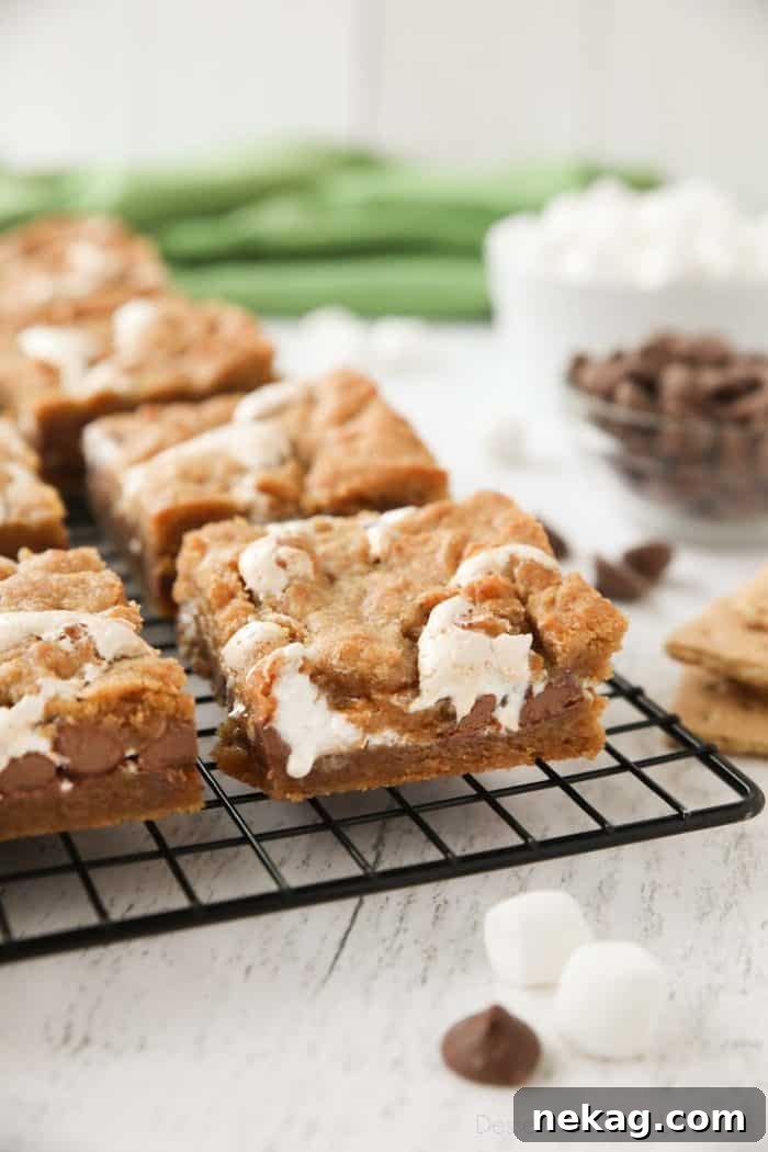 S'mores Bar Recipe: Chewy Graham, Chocolate & Toasted Marshmallow 4 Close-up of s'mores bars showing marshmallow fluff and chocolate chips in the center.