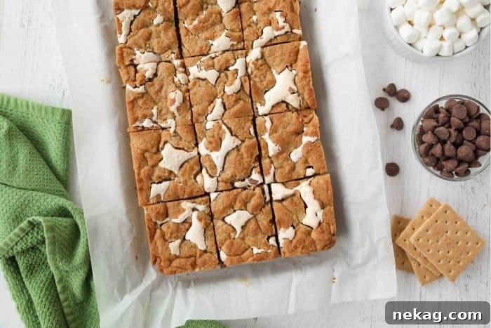 S'mores Bar Recipe: Chewy Graham, Chocolate & Toasted Marshmallow 5 S'mores bars removed from a 9x13 pan and cut into squares.