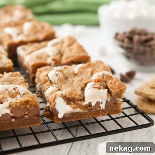 S'mores Bar Recipe: Chewy Graham, Chocolate & Toasted Marshmallow 7 Gooey s'mores bars with marshmallow fluff and chocolate chips.