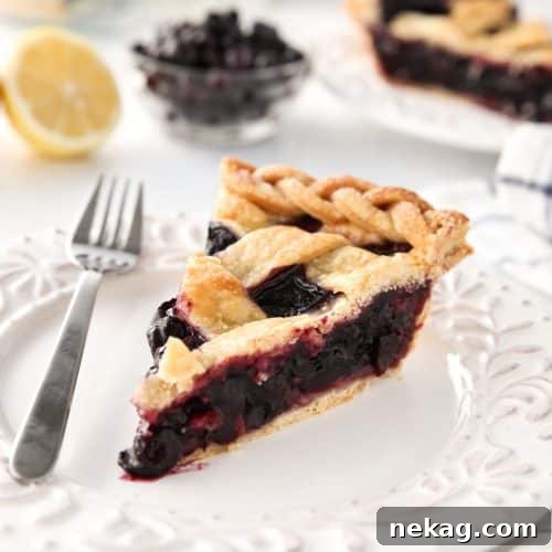 Slice of homemade blueberry pie made with frozen blueberries and simple ingredients to create a thick (not runny) pie filling from scratch.
