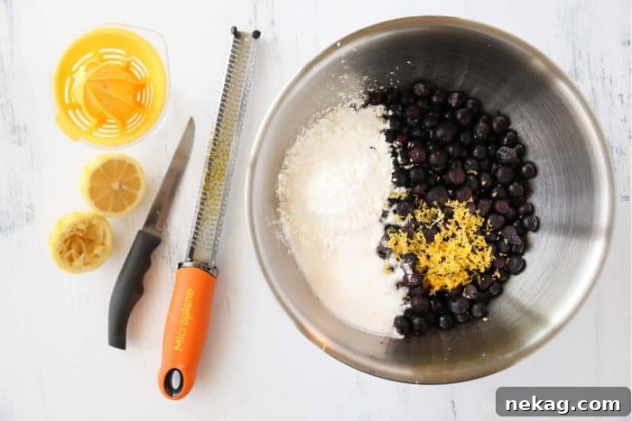 Blueberry pie filling recipe with frozen blueberries, sugar, cornstarch, lemon zest and lemon juice.