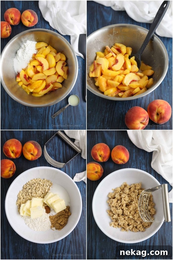 How to make Peach Crisp: Peel, core and slice fresh peaches. Toss with sugar, cornstarch, and lemon juice. Combine oats, flour, brown sugar, granulated sugar, salt, cinnamon and butter until crumbly. Sprinkle on top of peaches. Bake until top is golden and filling bubbles.