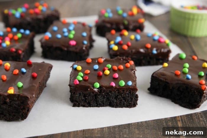 Chewy Chocolate Brownies with Rainbow Sprinkles 4 Cosmic Brownies - Dark chocolate brownies made from scratch, frosted and decorated with candy coated chocolate chips.