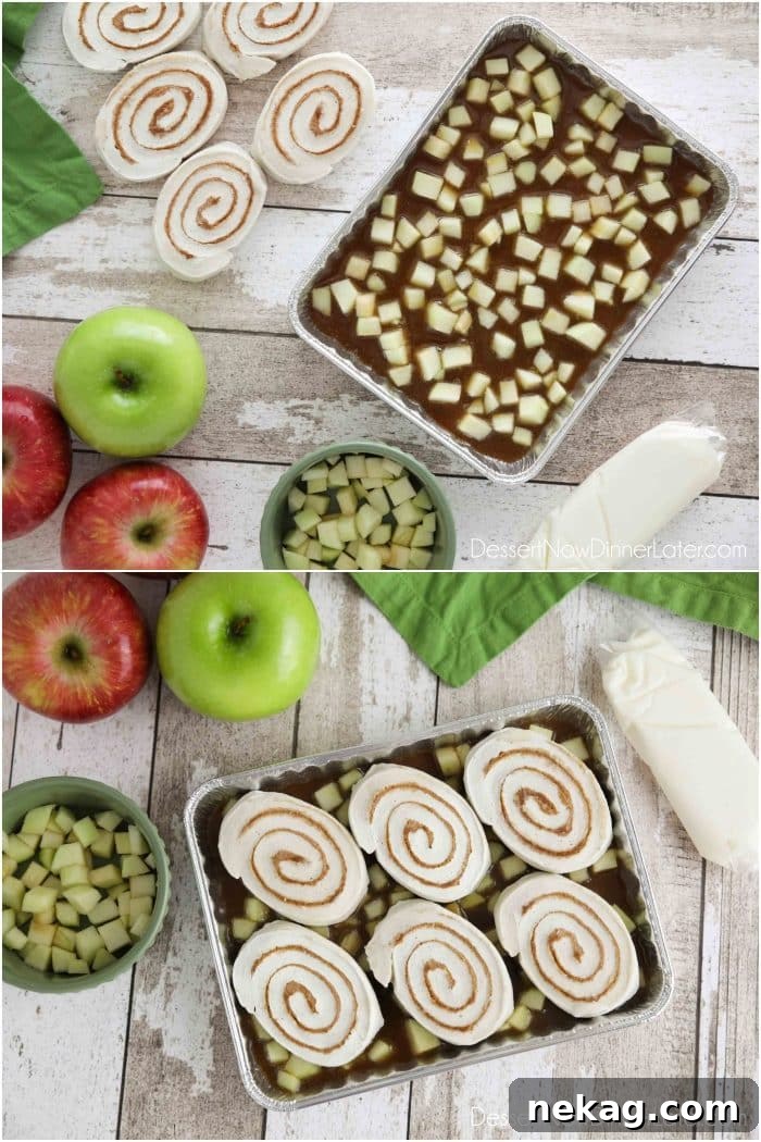 Caramel Apple Cinnamon Rolls with Brown Sugar Glaze 6 How to make Easy Caramel Apple Cinnamon Rolls: Place homemade caramel sauce in bottom of pan. Sprinkle with fresh diced apples. Place frozen cinnamon rolls on top. Then bake.
