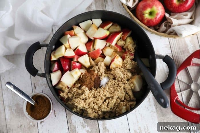 How to make apple butter: Place diced apples, brown sugar, cinnamon, cloves, salt, lemon and apple juice in a pot.