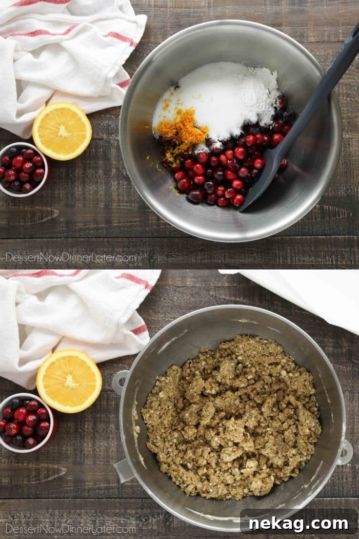 Collage Image: Filling ingredients in a bowl: Fresh cranberries, sugar, cornstarch, orange juice and zest. (Top image) Crumb topping and crust in a mixing bowl. (Bottom image)