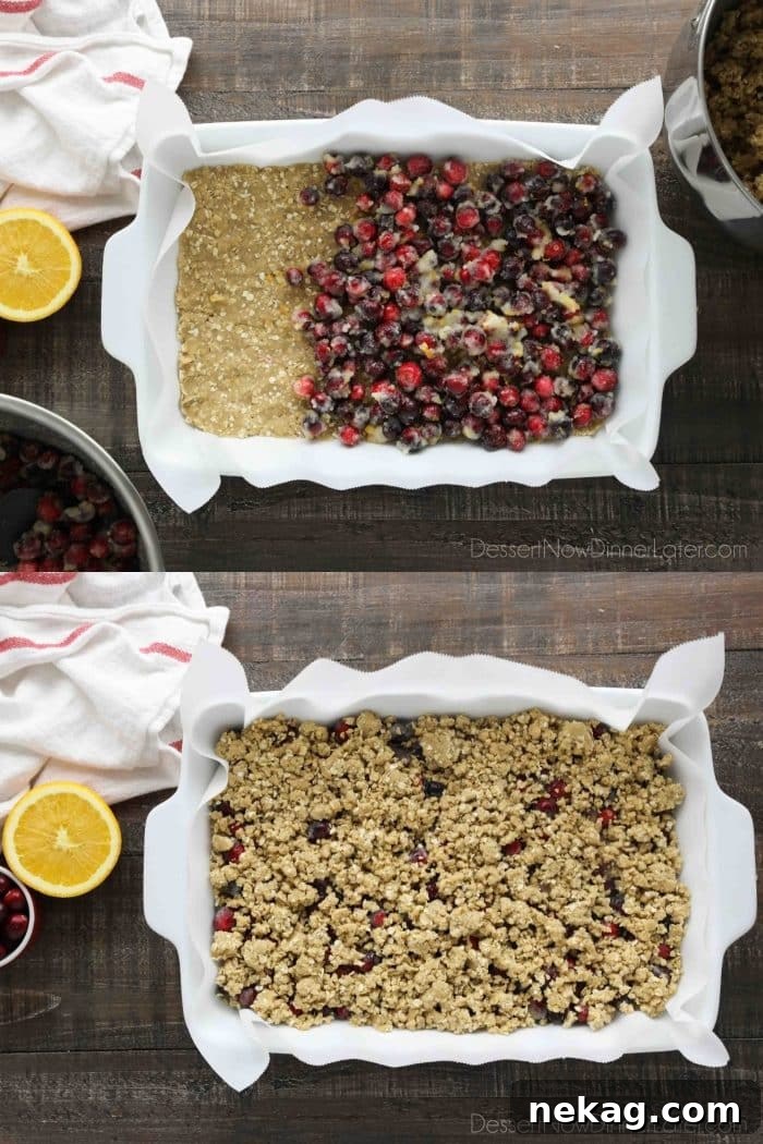 Collage image. Crust pressed on bottom of a 13x9-inch pan with fresh cranberry filling on top. (Top image) Crumbs sprinkled on top of cranberry layer. (Bottom image)