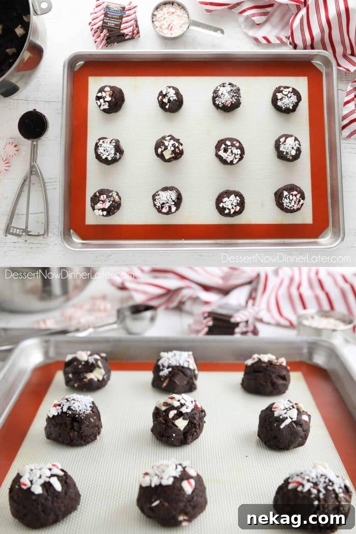 Collage Image: Top view of chocolate peppermint cookie dough on baking tray with crushed peppermint candy on top. (Top image) Side view of prepared chocolate cookie dough balls on tray with crushed peppermint candy cane on top. (Bottom image)