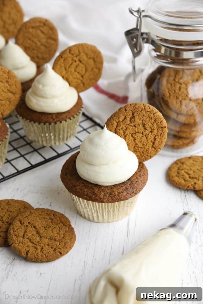 Gingerbread Cupcakes Recipe: Spiced Frosting and Holiday Tips 4 Spiced cupcakes with cream cheese frosting and gingersnap cookies.
