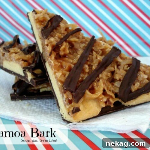 Samoa Bark is made with shortbread cookies, caramel and coconut, with chocolate on bottom and top!