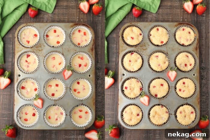 Fresh Strawberry Cupcakes with Real Fruit Frosting 6 Before and after baking strawberry cupcakes in the tin.