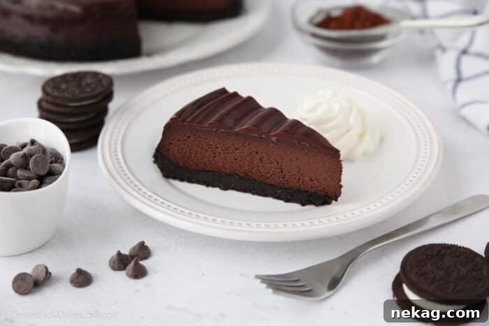 Triple Chocolate Cheesecake with an Oreo crust, cocoa powder cheesecake filling, and swirled chocolate ganache on top.