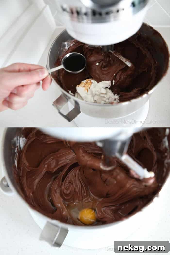 Adding sour cream, vanilla, and eggs, to mixer.