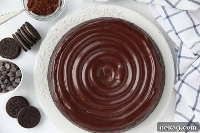 Swirled ganache on top of chocolate cheesecake.