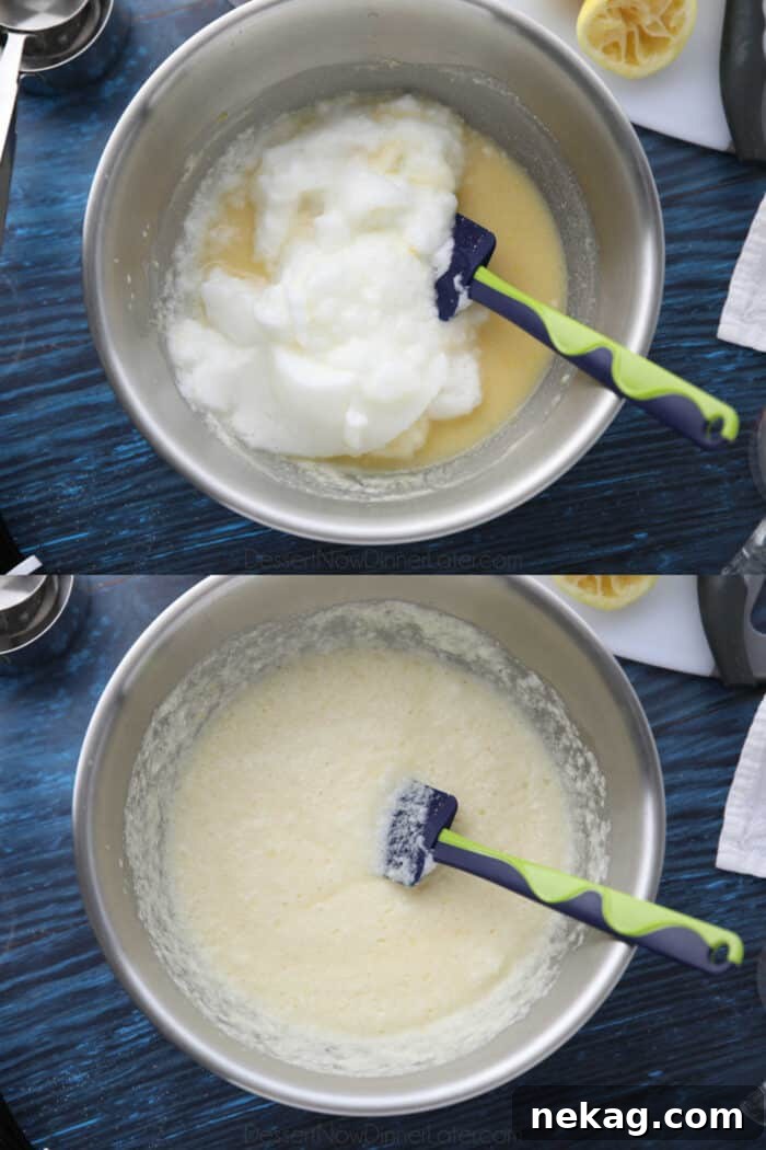Light and Luscious Lemon Pudding Cake Recipe 5 Egg whites added to cake batter, then fully incorporated after folding with spatula.