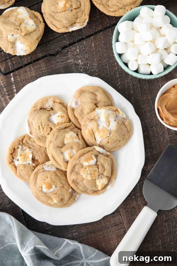 Fluffernutter Sandwich Cookies (Recipe + Video) 4 Peanut butter cookies with mini marshmallows on a plate and a cookie spatula next to it.